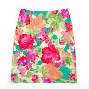 Talbots Bright Floral Pencil Skirt Green Pink Cotton Vintage Career Womens 6